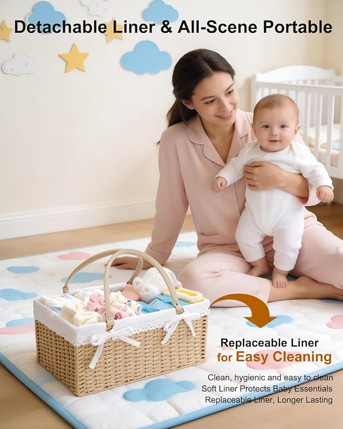 Large Baby Diaper Caddy Basket - Wicker Paper Rope Storage Baskets Portable Woven Car Organizer for Diapers With Cotton Divider Brown