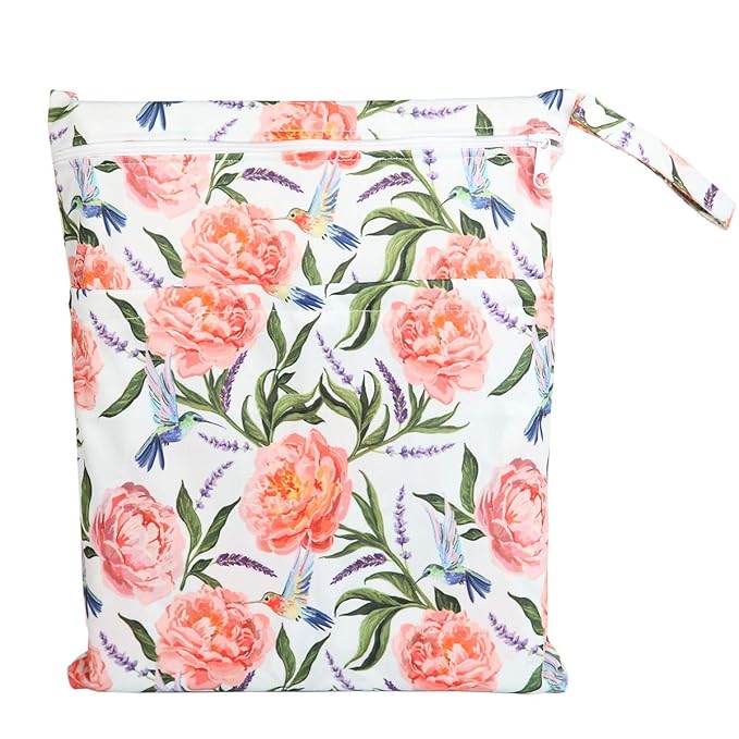 Wet Dry Bag Baby Cloth Diaper Nappy Bag Reusable Washable With Two Pockets Girls (Hummingbirds Floral)