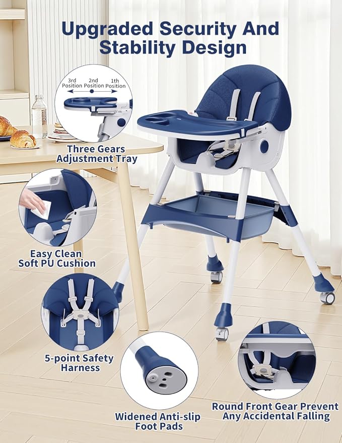 High Chairs for Babies and Toddlers, 4 in 1 Convertible Baby High Chair, Portable High Chair for Travel with Adjustable Height and Back, Foldable HighChair with Wheels& Pu Cushion