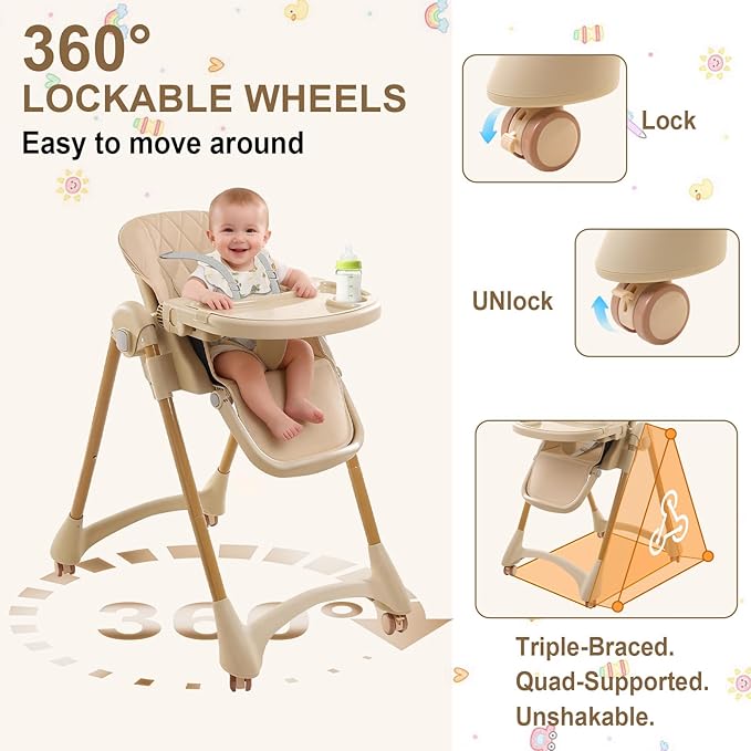 High Chairs for Babies and Toddlers, Foldable Baby High Chair with Wheels for Eating, 6 in 1 High Chair with Removable Tray, Adjustable Backrest and Height, Include 2 Bibs, Tool-Free Assembly