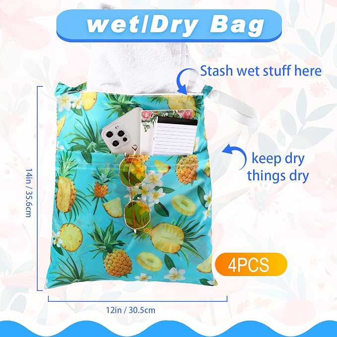 Frienda 4 Pieces Cloth Diaper Wet Dry Bag, Waterproof Reusable Washable Bag for Baby Items and Travel Zippered Pockets with Handle, Beach, Swimsuit, Dirty Gym Clothes and Toiletries(Plant)