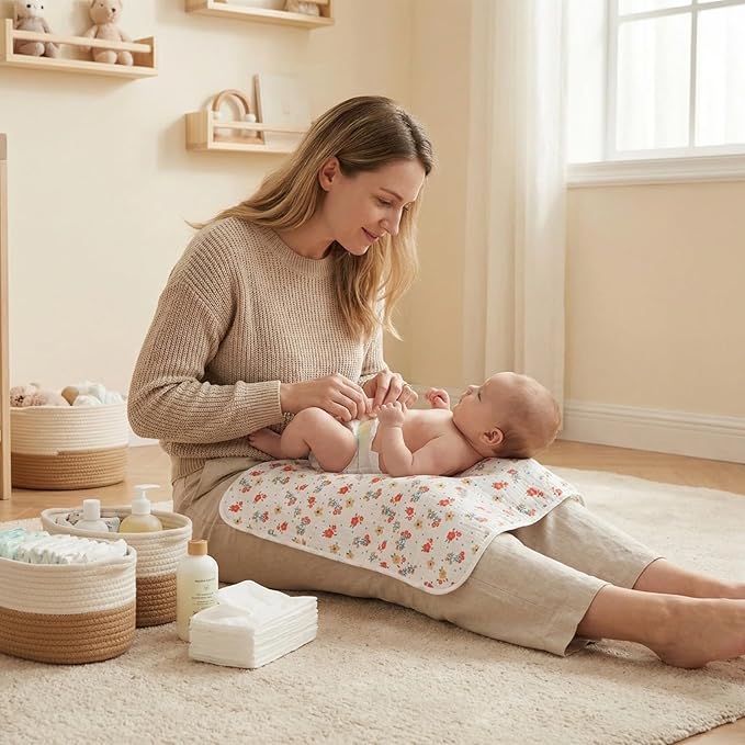 Baby Diaper Changing Pad, 19.7"x25.6" Waterproof Changing Pad Liners with 100% Muslin Cotton Front Top and Leather Back, Soft and Absorbent Portable Changing Mat for Travel, Changing Station
