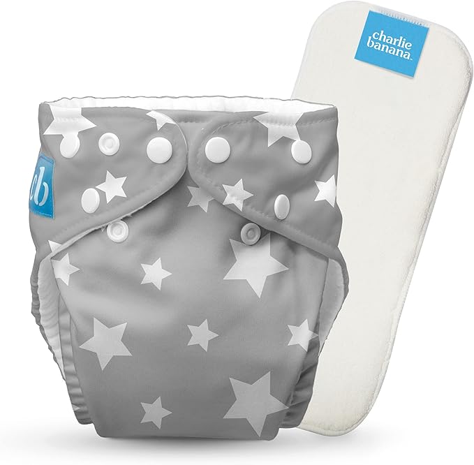 Charlie Banana Cloth Diapers, Reusable, Washable, Adjustable One Size Diaper, for Babies and Toddlers, with Absorbent Insert - Twinkle Little Star White on Grey, 1 Pack