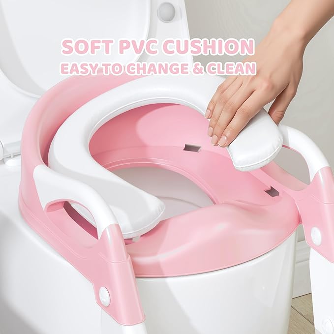 3-in-1 Potty Training Seat & Training Toilet & Potty Chair, Height AdjustableToddler Toilet Seat for Kids, Foldable Potty Training Toilet with Splash Guard & Anti-Slip Steps (Pink)
