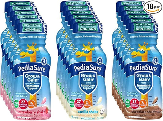 PediaSure Grow & Gain Nutrition Shake for Kids, Immune Support Shake Variety Sampler Pack - 8 Fl Oz Bottles - By Obanic (18-Pack)