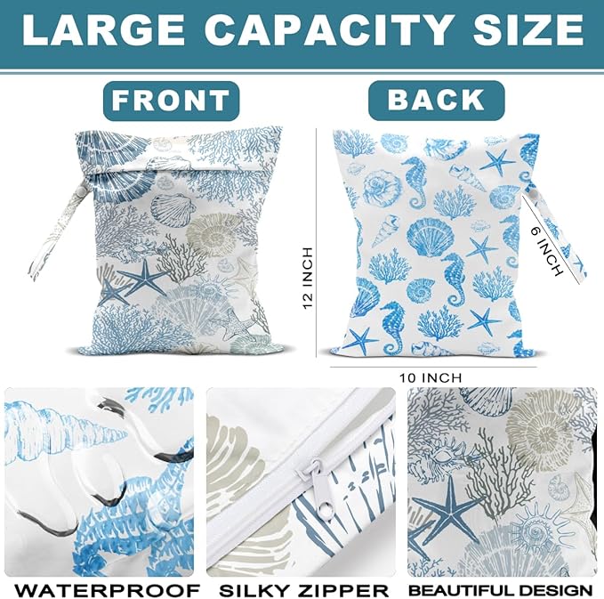 ZHAMEN 2Pcs Wet Bag, Wet Dry Bag Reusable with Zipper, Travel, Beach, Pool, Diapers, Baby Clothes, Dirty Yoga Gym Clothes, Makeup Bag, Waterproof Wetdry Packing, Ocean Decor (12x10 Inch)