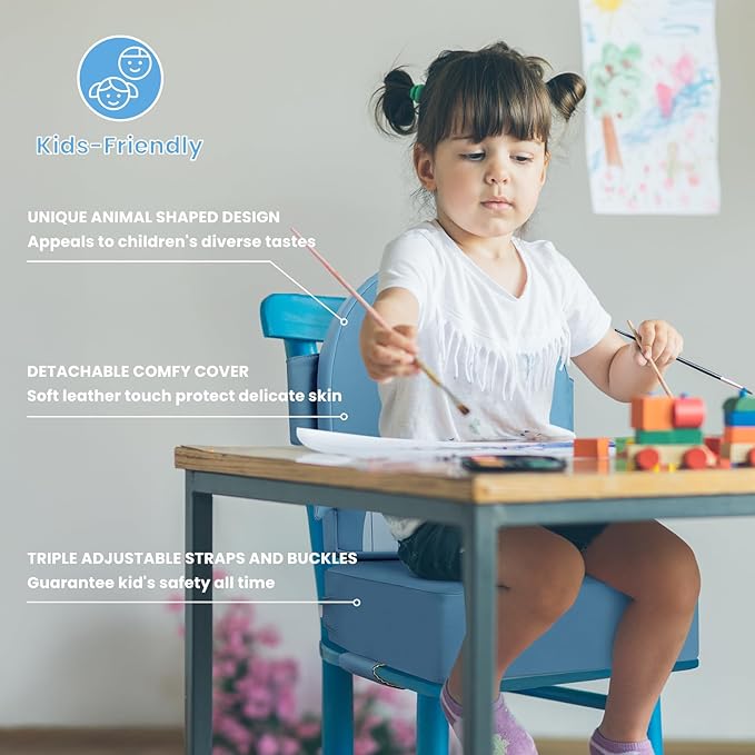 Toddler Booster Seat for Dining Table with Backrest, 4inch Non-Slip Kids Booster Seat for Kitchen Chair, PU Waterproof Detachable Increasing Cushion (Blue Whale)
