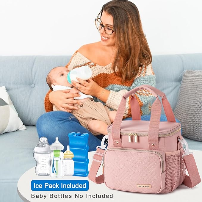 Breastmilk Cooler Bag with Ice Pack Fits 6 Baby Bottles up to 9 Ounce, Breast Milk Pump Cooler Bag for Nursing Mom Daycare, Work, Travel-Pink