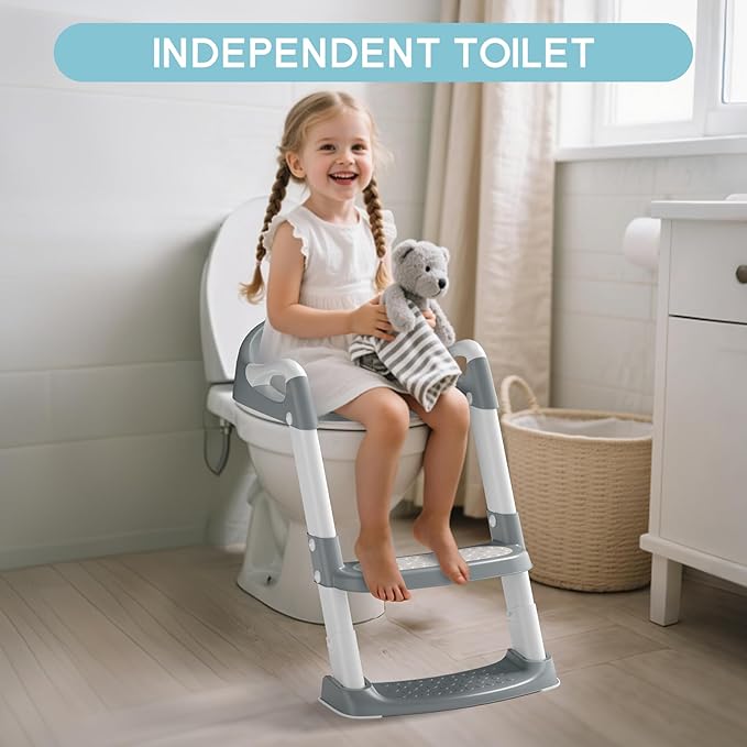 COOSEYA Potty Training Toilet with Step Stool Ladder, Toddler Kids Potty Training Seat for Boys Girls, Foldable Anti-Slip Toilet Toddler Seat Splash Guard Soft Cushion Safety Handles (Grey)