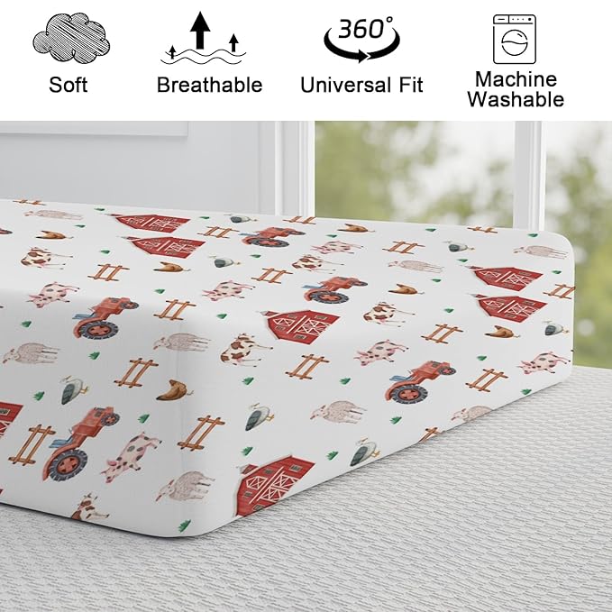 Watercolor Farm Animals Changing Pad Cover Retro Barn Chicken Pig Hen Duck Windmill Tractor Diaper Change Table Cover Sheets for Boys Girls Soft Stretchy Fitted Changing Mat Sheets 32''x16''