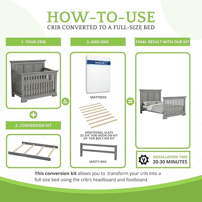 Full-Size Conversion Kit Bed Rails for Oxford, Soho, Ozlo & Avalon Baby Convertible Cribs - Solid Wood - Toddler and Adult Rail for Full-Size Bed - Nursery & Baby Furniture (Arctic Gray, Hook-On Kit)