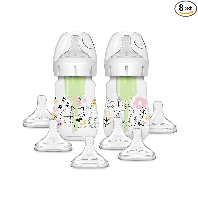 Dr. Brown's Anti-Colic Options + Wide-Neck Baby Bottle Designer Edition, Woodland Decos, 5 oz/150 mL, Level 1 Nipple, 2-Pack, 0m+ with 6-Pack Level 2 Nipples