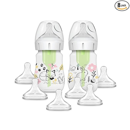 Dr. Brown's Anti-Colic Options + Wide-Neck Baby Bottle Designer Edition, Woodland Decos, 5 oz/150 mL, Level 1 Nipple, 2-Pack, 0m+ with 6-Pack Level 2 Nipples
