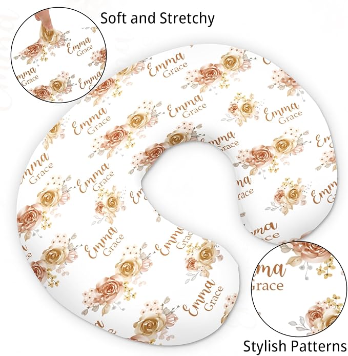 Customizable Flowers Baby Nursing Pillow Cover - Add Your Baby's Name, Ultra-Soft Stretch Fabric, Fits Standard Nursing Pillows, Ideal for Baby Showers Style 04