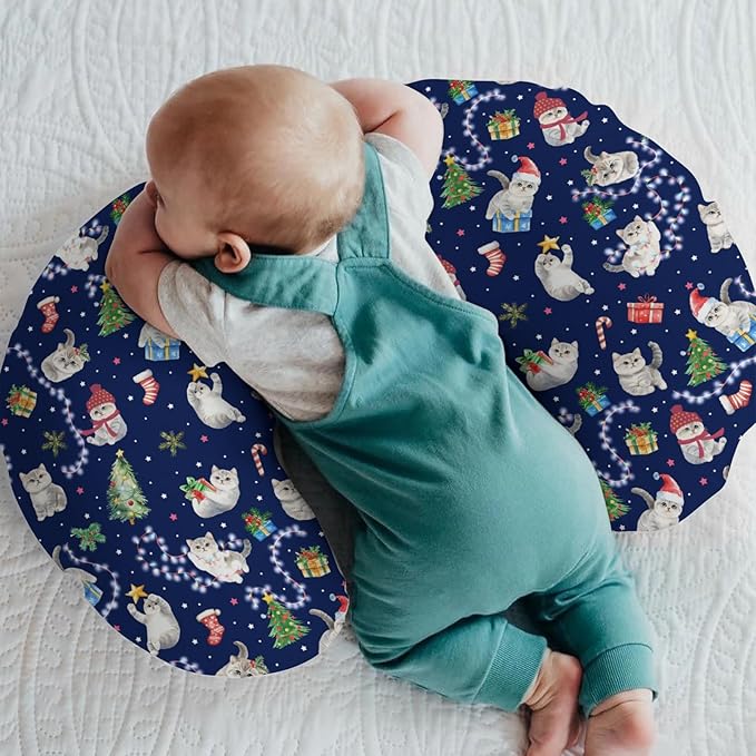 Blue Christmas Holiday Cats Baby Nursing Pillow Covers for Boy Girl Winter Kitten Trees Lights Candy Nursing Pillowcase for Breastfeeding Pillows Cats Lover Gift Soft Stretchy Slipcovers for Newborn