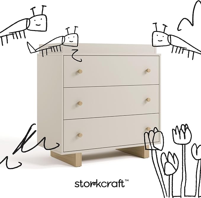 Storkcraft Texas 3 Drawer Chest with Removable Changing Table Topper (Frosted Oat/Driftwood) – GREENGUARD Gold Certified Baby Dresser, Interlocking Drawer System for Nursery & Kids’ Bedroom Dresser