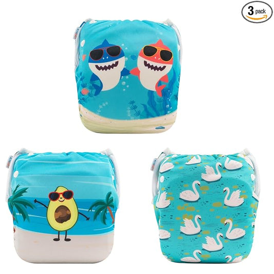 ALVABABY Large Swim Diapers 3pcs Baby & Toddler Snap One Size Reusable Adjustable Baby Gifts Baby Boy 3SWY36
