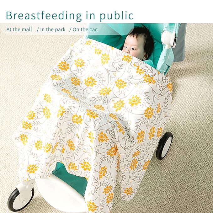 SONARIN Stylish Premium Breastfeeding Nursing Covers,Flower Pattern,with Storage Bag & Towel Corners,4 in 1 Multifunction,Nursing Scarf,Breathable & Lightweight(Yellow)