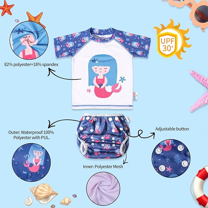 ALVABABY Baby Girl Swimsuit, 2-Piece Infant Toddler Bathing Short Sleeve Swimwear, Small Baby Reusable Swim Diaper with Matching Top