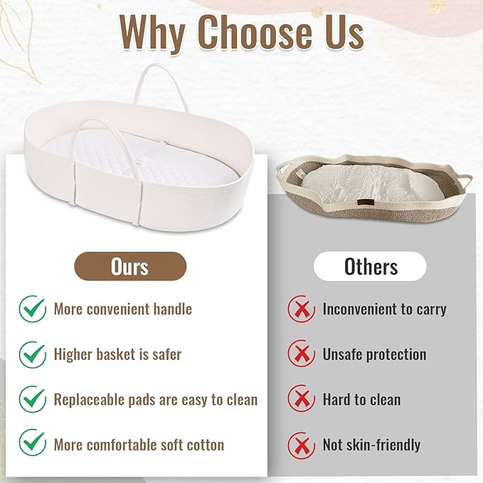 Changing Baskets Set,Moses Basket with Pad and Diaper Caddy,Set of 2 Baskets,Portable Cotton Rope Woven Basket,Replaceable Pad,Gifts for Newborn 28.7" x 15.7" x 7.8"（White）