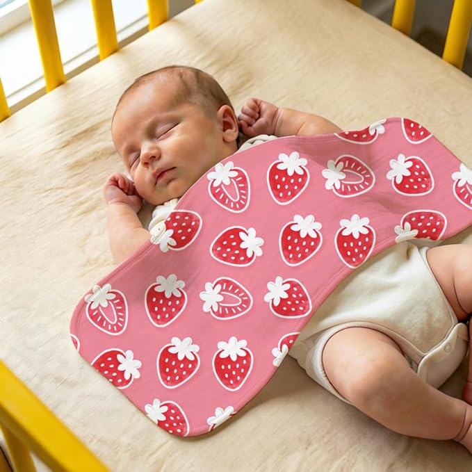 5 Pack Baby Burp Cloths, Soft Cotton Sweet Strawberry & Berry Harvest Theme Burp Cloths, Super Absorbent Cute Gingham & Fruit Print Washcloths, Newborn Baby Essentials Gift Set