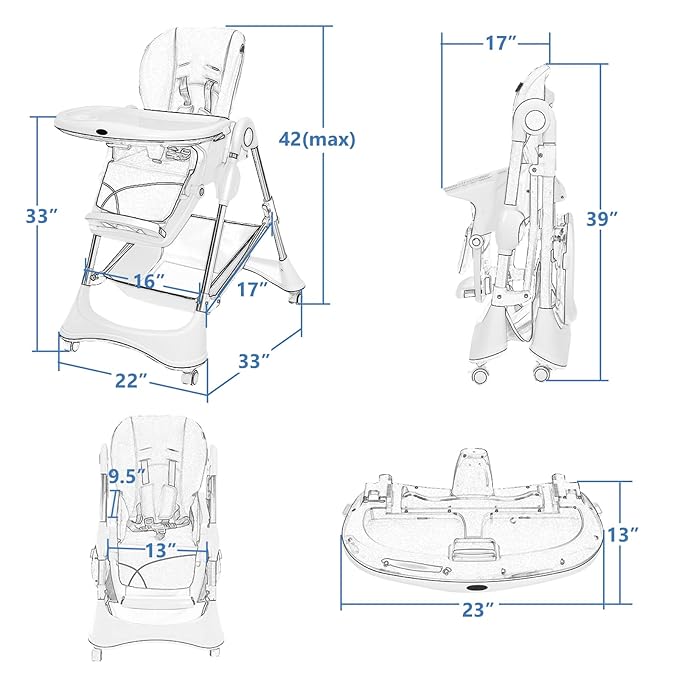 INFANS High Chair with One-Hand Removable Tray, 4 Lockable Wheels & Large Storage Basket - Multi-Adjustable Height, Recline & Footrest, Removable Cushion, Foldable for Baby, Infant& Toddler (Navy)