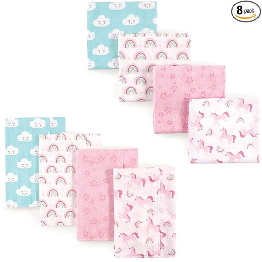 Luvable Friends Unisex Baby Cotton Flannel Burp Cloths and Receiving Blankets, 8-Piece, Rainbow, One Size