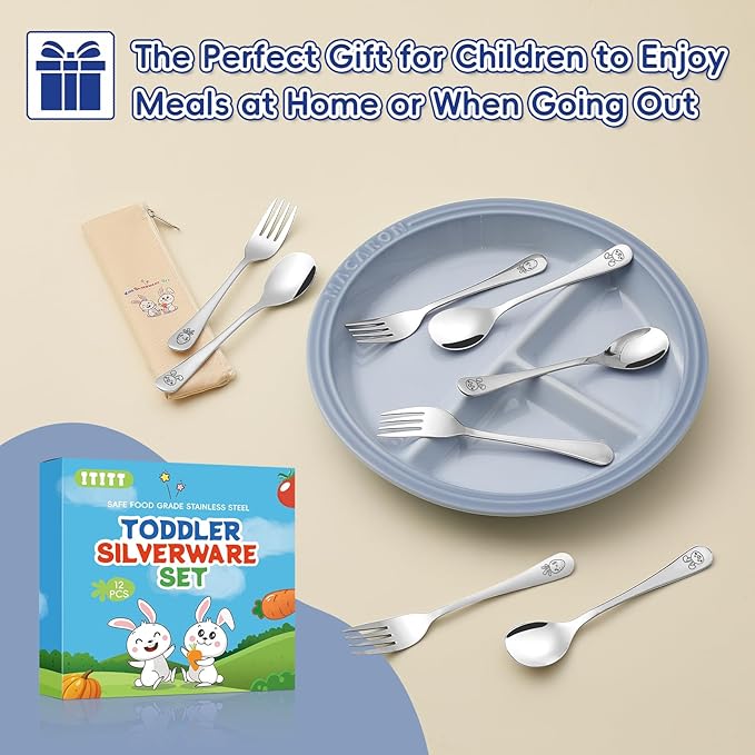 12 Pieces Stainless Steel Toddler Utensils Set - Food Grade Kids Silverware Set Children Safe Small Forks and Spoons Mirror Polished Sturdy and Durable Dishwasher Safe