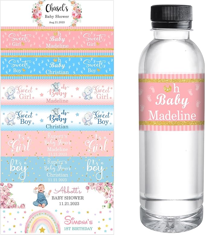 Personalized Water Bottle Labels for Baby Shower Custom Baby Shower Labels with Name for Water Bottle Stickers Waterproof Printable Photo Bottle Labels Gifts 50 Pcs
