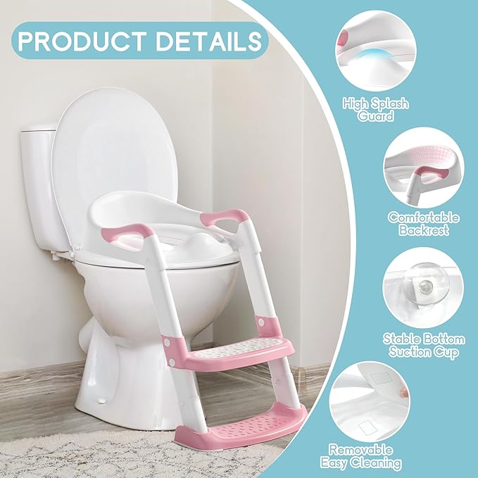 COOSEYA Potty Training Toilet with Step Stool Ladder, Toddler Kids Potty Training Seat for Boys Girls, Foldable Anti-Slip Toilet Toddler Seat Splash Guard Soft Cushion Safety Handles (Pink)