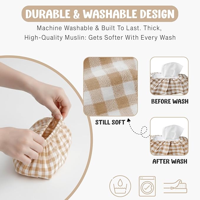 Baby Wipes Cover – Universal Size, One Size Fits All Wipes Packages | Muslin Cotton Tissue Cover for Nursery, Diaper Bag & Changing Table, Station | Gingham & Neutral Patterns (Beige Gingham)