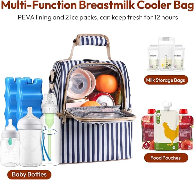 NCVI Breastmilk Cooler Bag with 2 Ice Pack, Breast Pump Bag with Cooler Fits 6 Bottles, Double Layer Breast Milk Baby Bottle Cooler Bag, for Travel, Nursing Mom Daycare, Work, Picnic (Stripe)