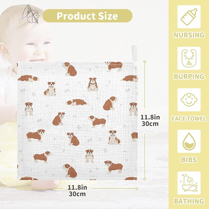 vvfelixl Baby Cotton Washcloths English Bulldog Infants Bath Towel for Unisex Puppy Face Towels for Newborn, Natural Baby Wipes Delicate Skin, 11.8 X 11.8 inch, one sizex3