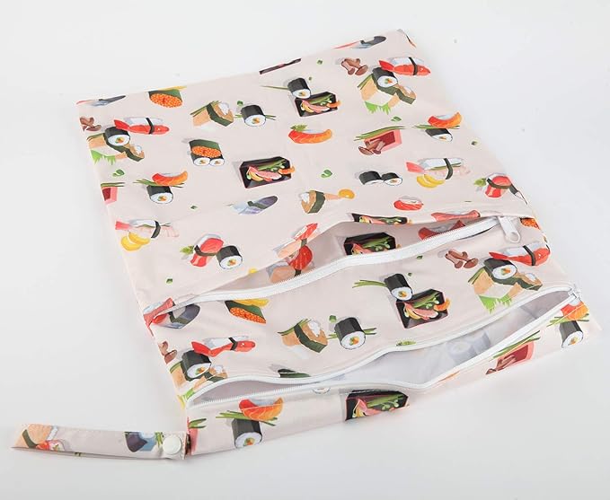 Wet Dry Bag Baby Cloth Diaper Nappy Reusable Washable With Two Zippered Pockets (Sushi Mushroom)