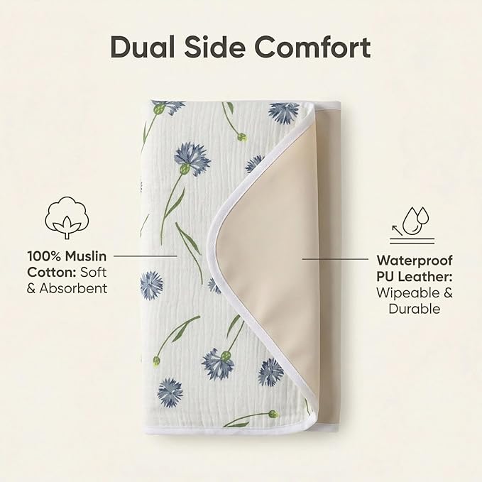 Baby Diaper Changing Pad, 19.7"x25.6" Waterproof Changing Pad Liners with 100% Muslin Cotton Front Top and Leather Back, Soft and Absorbent Portable Changing Mat for Travel, Changing Station