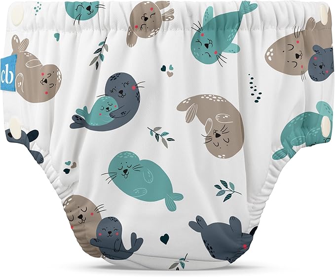 Charlie Banana Reusable Swim Diaper, Washable, with Easy On and Off Snaps for Baby Girls Boys, Soft and Snug Waterproof Fit to Prevent Leaks - Seally, Size XS (9-14 lbs)