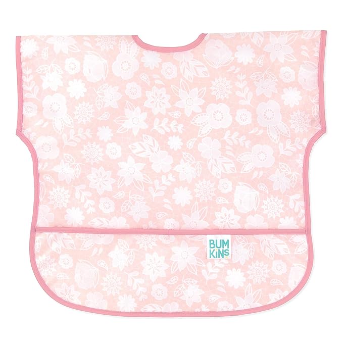 Bumkins Short Sleeve Bib for Girl or Boy, Toddler and Kids for 1-3 Years, Large Size, Essential Must Have for Junior Children, Eating, Mess Saving Soft Fabric Apron for Play, Lace Pink