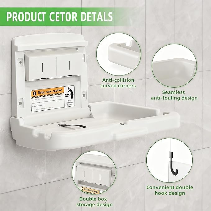 BELZAR Commercial Wall Mounted Baby Changing Station – ADA Compliant, Fold Down Heavy Duty Horizontal Diaper Changing Table with Safety Strap & Paper Liner Holder, For Public Restrooms/Hotels/Airports