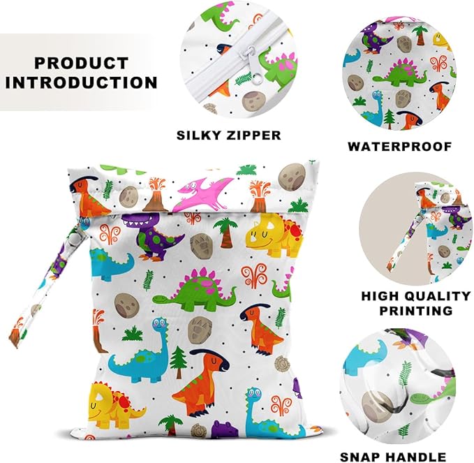 2 PCS Dinosaur Style Travel Laundry Bags 12x10 Inch, Waterproof Reusable Wet Bag with Handle, Wet Dry Bag for Swimsuit Travel Beach Pool Diapers Dirty Yoga Gym Clothes Stroller Toiletries