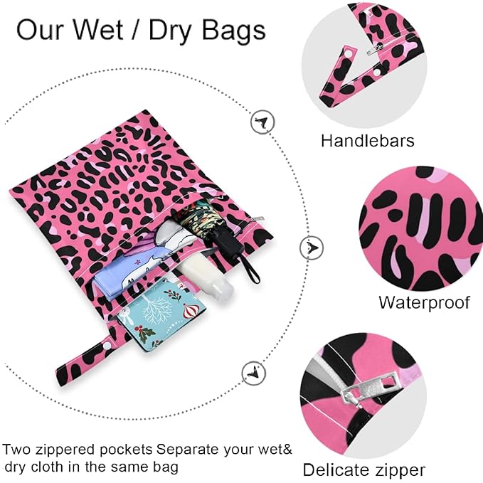 visesunny Leopard Skin Pink Pattern 2Pcs Wet Bag with Zippered Pockets Washable Reusable Roomy for Travel,Beach,Pool,Daycare,Stroller,Diapers,Dirty Gym Clothes, Wet Swimsuits, Toiletries
