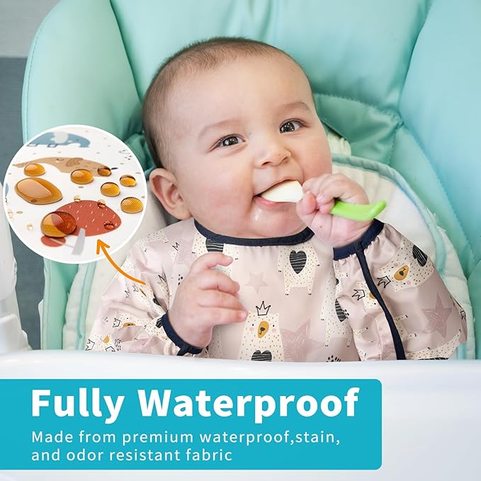 3 Pcs Long Sleeved Bib Set|Baby Waterproof Bibs with Pocket Bundle|Toddler Bib with Sleeves|Stain Resistance Smock 6-24 Month