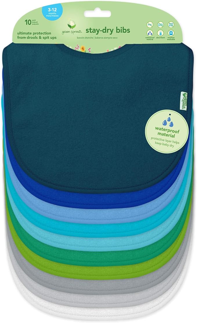 green sprouts Stay-dry Baby Bibs (10 pack) Waterproof protection, Adjustable hook-&-loop closure, Machine washable
