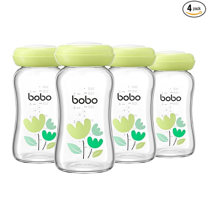 YOHKOH Glass Breast Milk Storage Bottles - 100% Leak-Proof, BPA-Free Breastmilk Storage Containers, Freezer & Dishwasher Safe, Ideal for Nursing Mothers (Green, 5.4oz (Pack of 4))