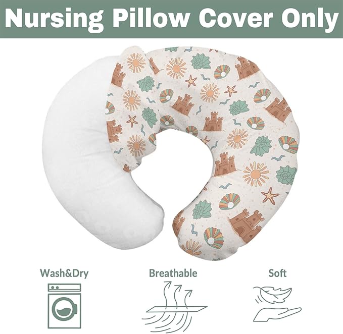 Boho Beach Summer Baby Nursing Pillow Covers for Boy Girl Retro Seaside Holiday Nursery Slipcovers for Breastfeeding Pillows Sun Seashells Castle Soft Stretchy Removable Cover for Newborn Infant