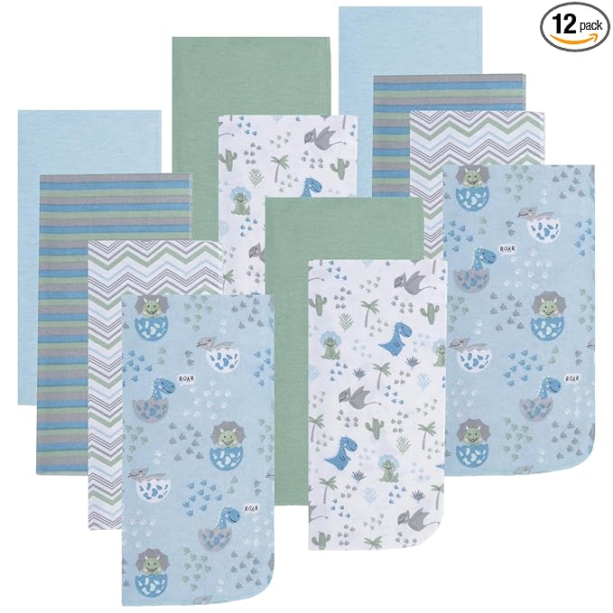 EVERYDAY KIDS 12 Pack Burp Cloths for Baby Boy; Newborn Essential with - Large Absorbent Cotton Flannel Blue/Green Burping Cloths for Babies with Baby Dinosaurs, Zig Zag and Stripe Prints and Solids