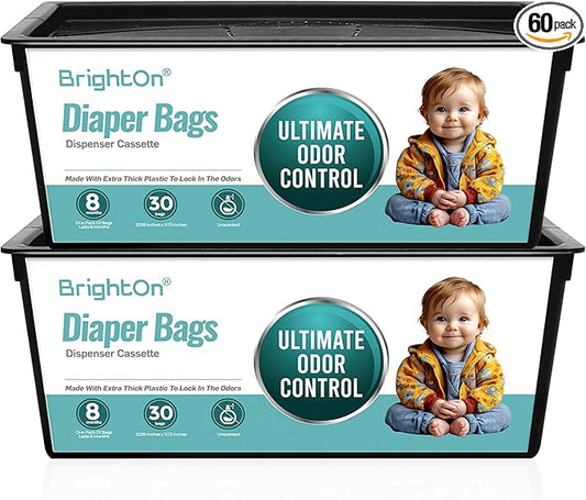 BrightOn® Diaper Pail Refill Bags, 30 Bags Per Refill, Compatible with Genie Easy Roll Signature Diaper Pails, Holds Up to 2820 Newborn Diapers, Real 7 Layer Odor Barrier, Unscented, 2PACK (60 Bags)