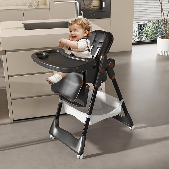Portable High Chair, High Chairs for Babies and Toddlers, Adjustable Baby Chair, 5 Height & 3 Recline Adjustable Locking Wheels with Removable Double Tray and Safety Belt, Black
