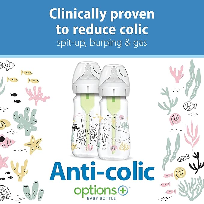Dr. Brown’s Natural Flow® Anti-Colic Options+™ Wide-Neck Baby Bottle, Ocean Design, 9 oz/270 mL, Level 1 Nipple, 2-Pack, 0m+ with Flexees Friends Silicone Teether, Purple Octopus