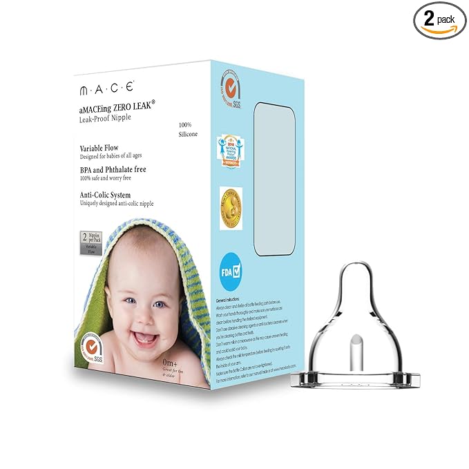 Made in USA aMACEing Zero Leak® Nipple with Anti-Colic Vent and Variable Flow (2 Pcs)