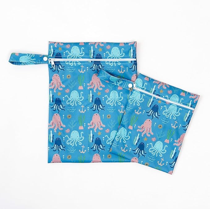 2 Pcs Wet Bags Waterproof Reusable Zippered Pocket Cloth Diaper Bag for Travel Beach Pool Swim, Baby Diapers,Gym Yoga Wet Clothes,Swimsuit,water wipes (Octopus)